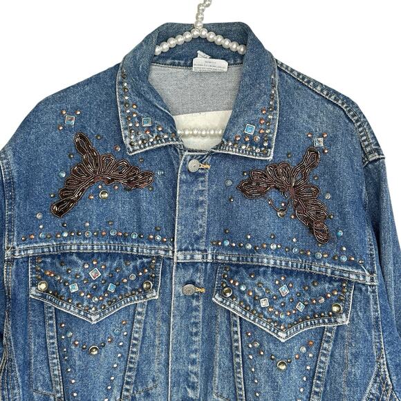 VTG Freego Western Denim Jacket 80s Medium Stud Sequin Embellished Oversized - Picture 3 of 13